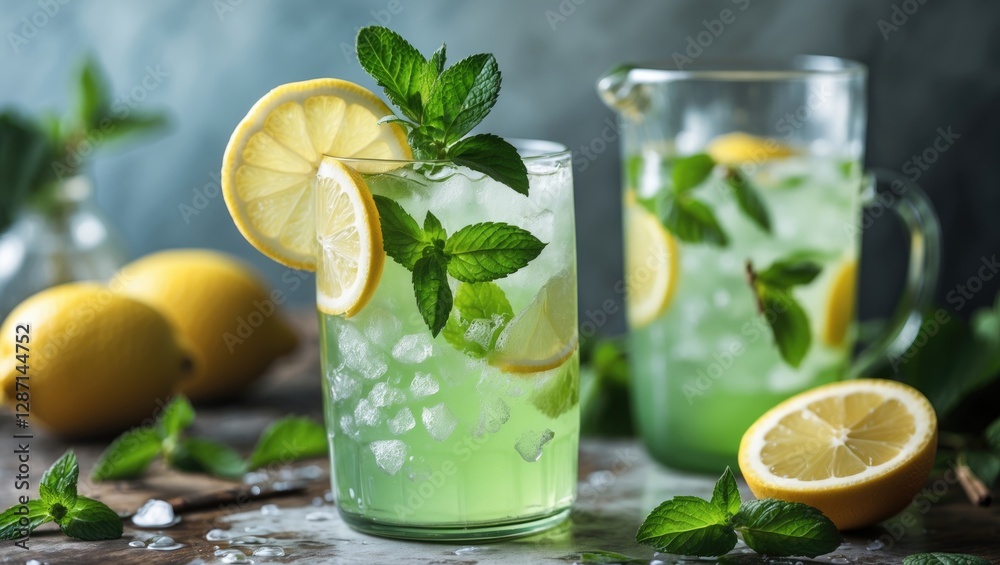 Fresh Mint Lemonade with Slices of Lemon and Mint Garnish in Clear Glass on a Wooden Table with Lemons and Mint Leaves in the Background Fresh Mint Lemonade with Slices of Lemon and Mint Garnish in Clear Glass on a Wooden Table with Lemons and Mint Leaves in the Background