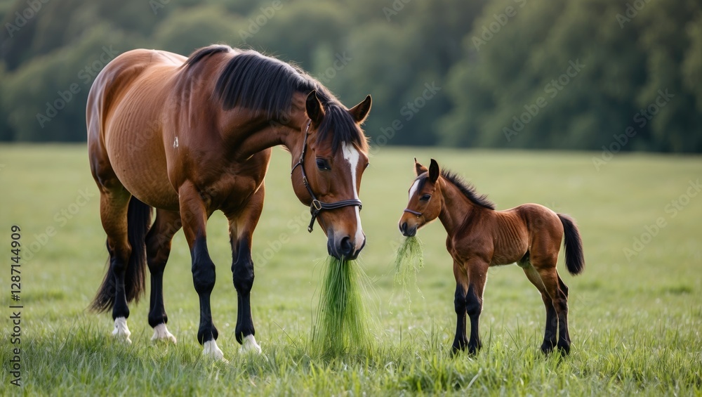 Fototapeta premium Mare and her foal grazing together in a lush green field, showcasing the bond between mother and young horse in a serene outdoor setting.