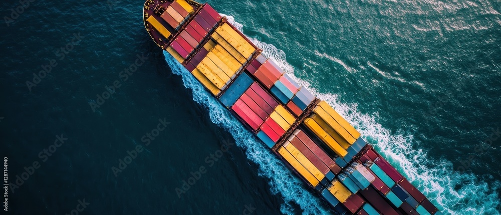 Fototapeta premium Container ship in import export and business logistic.By crane ,Trade Port , Shipping.cargo to harbor.Aerial view.Water transport.International.Shell Marine.Top view.