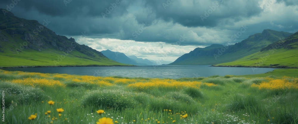 Fototapeta premium Lush Meadow by the Coast with Mountains in the Background under Dramatic Cloudy Spring Sky and Open Space for Text Overlay