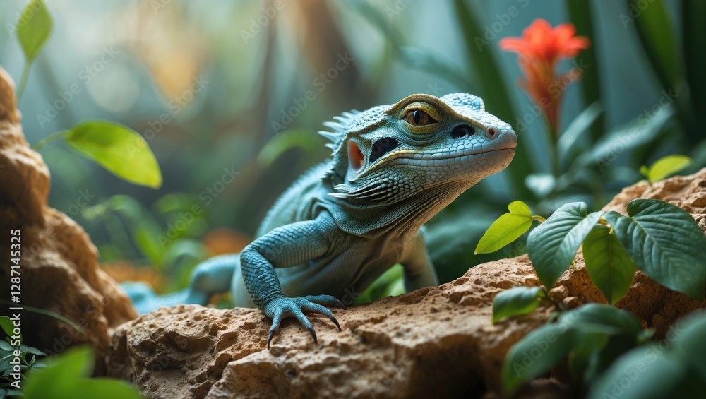 Colorful lizard amidst vibrant foliage in a lush artificial environment showcasing exotic textures and natural beauty. Colorful lizard amidst vibrant foliage in a lush artificial environment showcasing exotic textures and natural beauty.