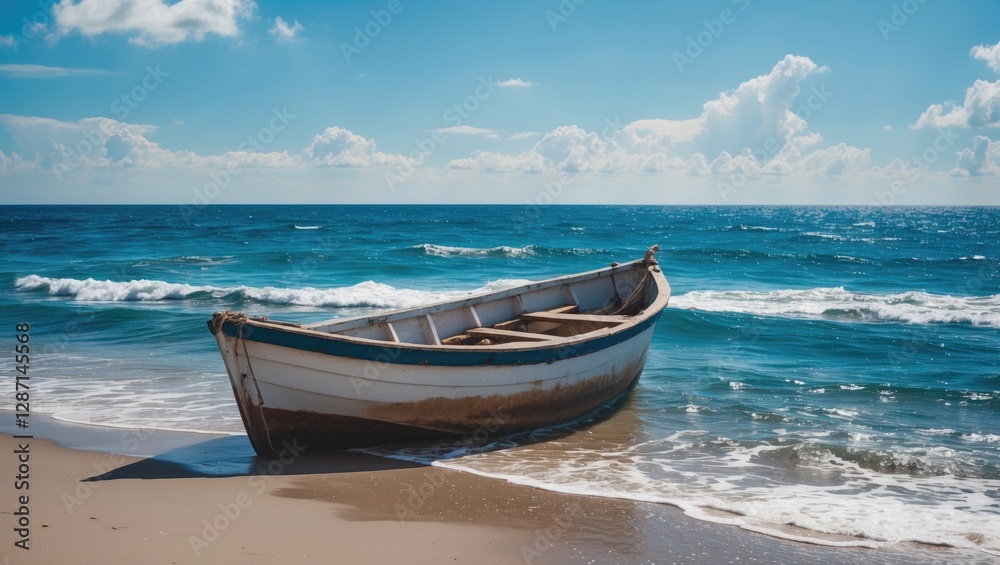 Serene Beach Scene with Lonely Boat Against Bright Blue Sea and Clear Sky Ideal for Relaxation and Travel Concepts Serene Beach Scene with Lonely Boat Against Bright Blue Sea and Clear Sky Ideal for Relaxation and Travel Concepts