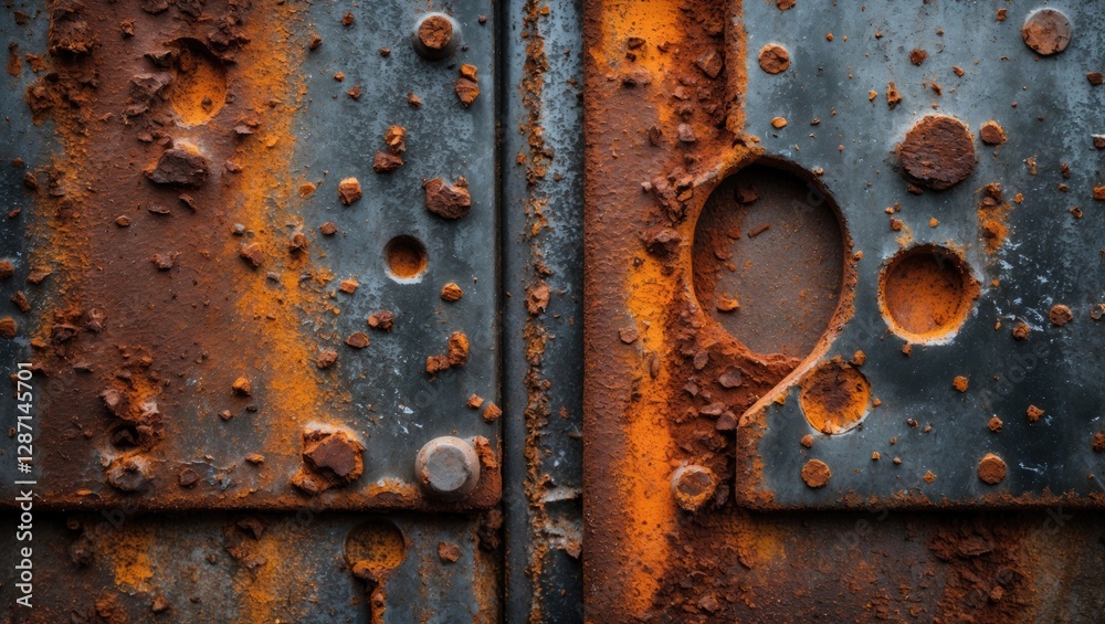 Rusty metal surface with textured grunge appearance showcasing corrosion and weathered patterns in a detailed close-up view. Rusty metal surface with textured grunge appearance showcasing corrosion and weathered patterns in a detailed close-up view.