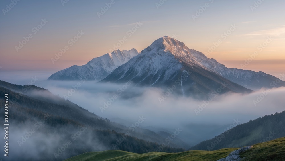 Majestic Mountain Landscape at Dawn Surrounded by Fog and Lush Green Hills with a Serene Atmosphere Majestic Mountain Landscape at Dawn Surrounded by Fog and Lush Green Hills with a Serene Atmosphere
