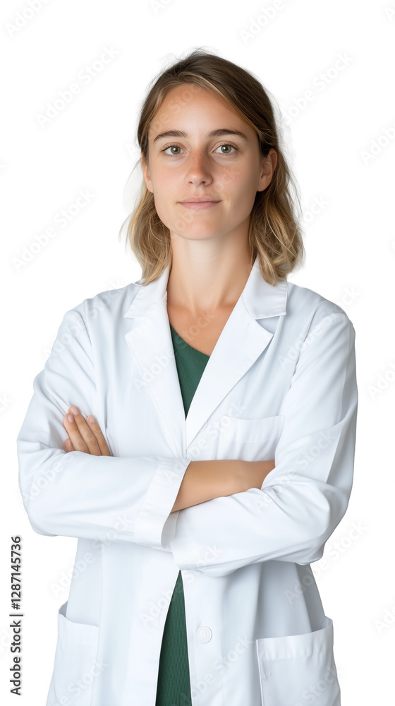 Confident female doctor in white coat with arms crossed on transparent background Confident female doctor in white coat with arms crossed on transparent background