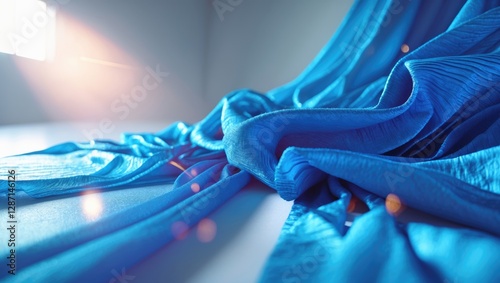 Macro texture of vibrant blue fabric draped elegantly on a studio surface with soft lighting creating a serene and artistic atmosphere.