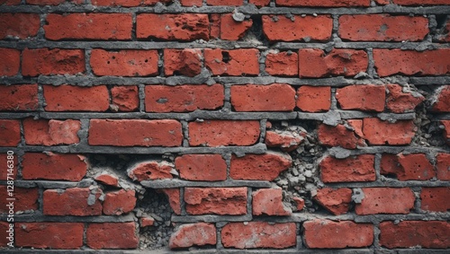 Weathered red brick wall with rough texture showcasing significant damage and imperfections in the brickwork revealing its aged character.