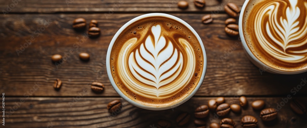 Latte art heart design on coffee foam with roasted beans scattered on rustic wooden surface, perfect for beverage or café themes Latte art heart design on coffee foam with roasted beans scattered on rustic wooden surface, perfect for beverage or café themes