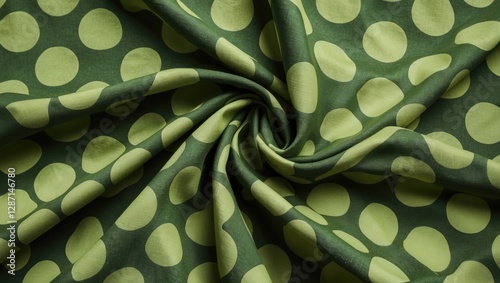 Olive green stretch cotton Sateen fabric featuring a retro polka dot pattern ideal for vintage 70s inspired designs and upholstery projects. photo