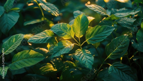 Sunlight illuminating lush green leaf texture in a vibrant natural setting showcasing the beauty of nature and botanical details. photo