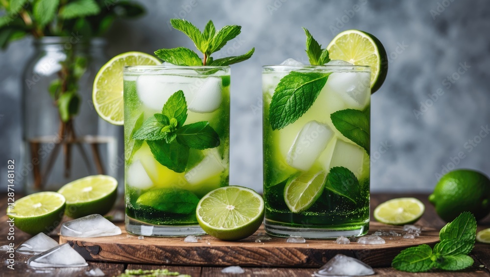 Fototapeta premium Mojito Cocktail Refreshment With Lime, Mint, Ice In Glasses On Wooden Tray Surrounded By Fresh Ingredients For Refreshing Summer Drinks