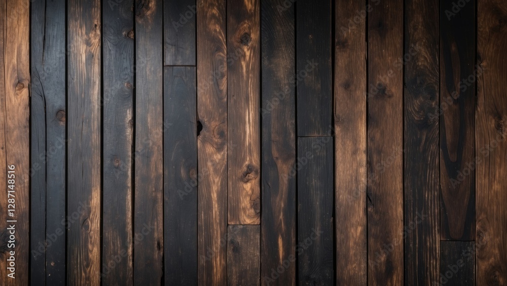 Naklejka premium Dark wooden plank texture backdrop with abstract pattern and ample empty space for customizable templates or designs. Ideal for creative projects.
