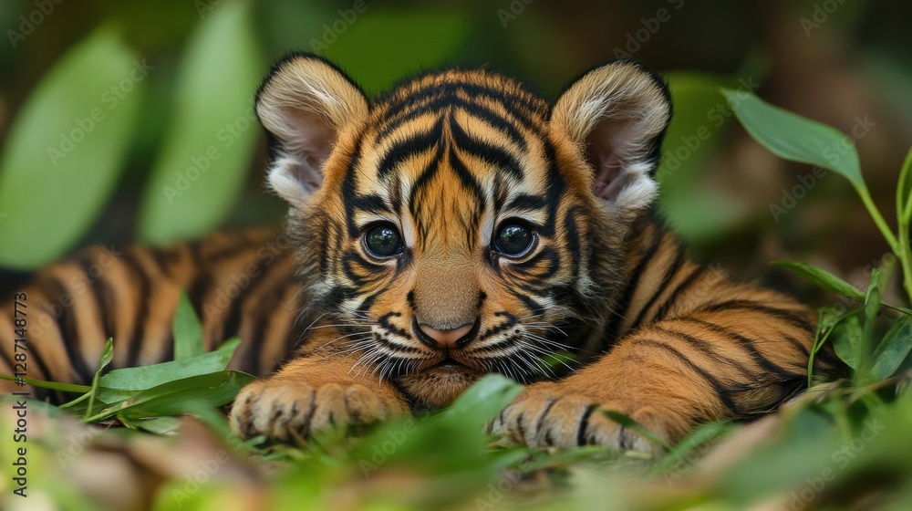 Obraz premium A playful tiger cub rests among green foliage, showcasing its vibrant orange fur and striking black stripes, embodying the beauty of wildlife.
