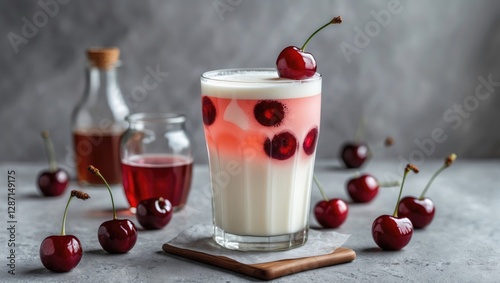 Wallpaper Mural Refreshing milk cocktail with cherries surrounded by fresh cherries and syrup on a textured background with space for text or branding. Torontodigital.ca
