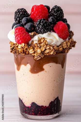 Delicious smoothie with berries and granola.