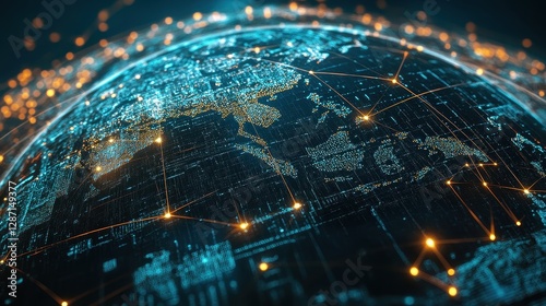 Digital globe with connected trade routes, global network, world trade.  photo