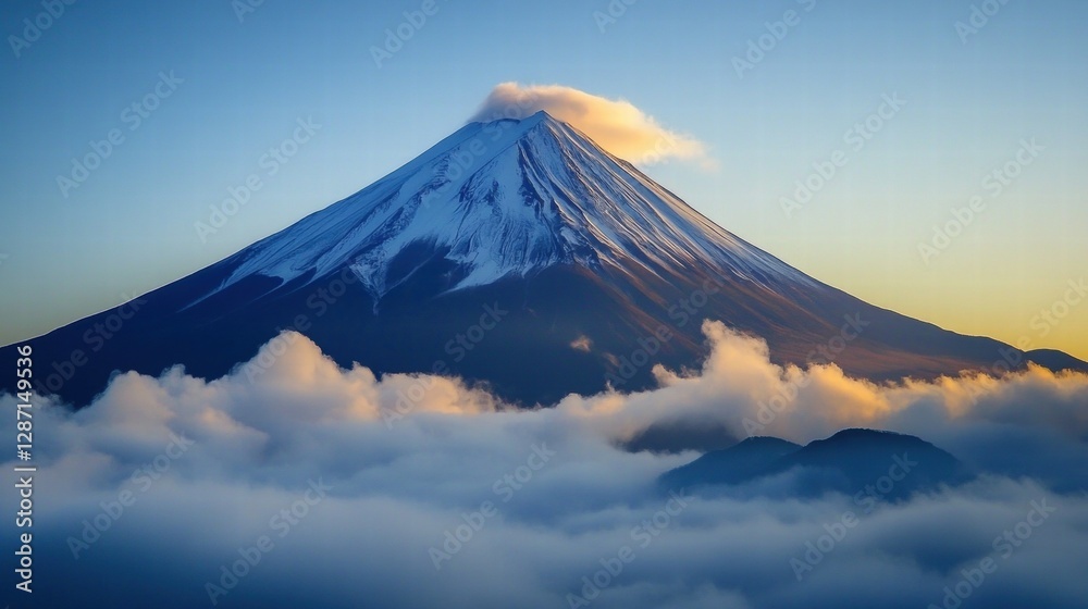 A majestic snow-capped mountain rises above the clouds, illuminated by a soft sunrise, showcasing nature's beauty and tranquility. A majestic snow-capped mountain rises above the clouds, illuminated by a soft sunrise, showcasing nature's beauty and tranquility.