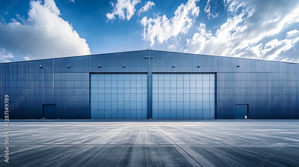 A front-facing view of a large industrial hangar, featuring metal profile cladding A front-facing view of a large industrial hangar, featuring metal profile cladding