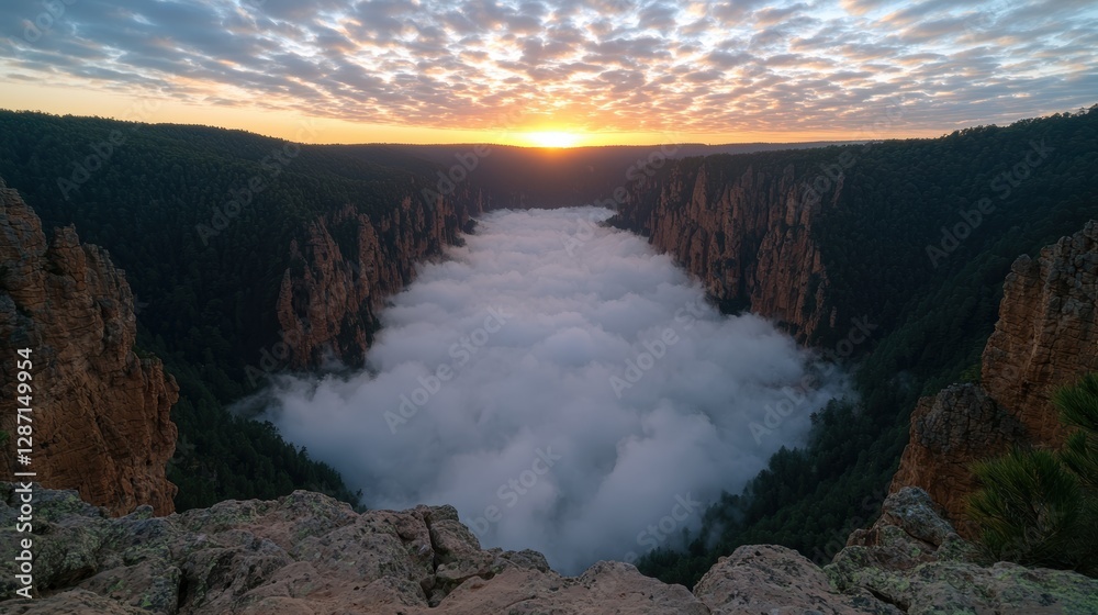 Fototapeta premium Dramatic sunrise over a canyon filled with fog.