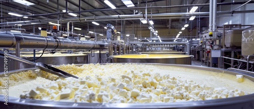 Cheese manufacturing plant large vats of curd stirred by automated paddles spotless floors shiny equipment.