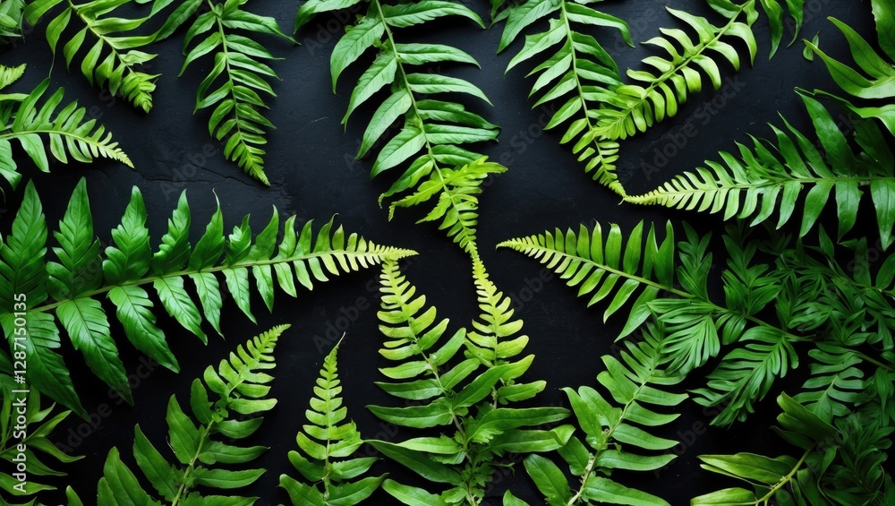 Obraz premium Lush green fern leaves arranged artistically on a black background, showcasing nature's beauty and evoking a sense of tranquility and love for nature.