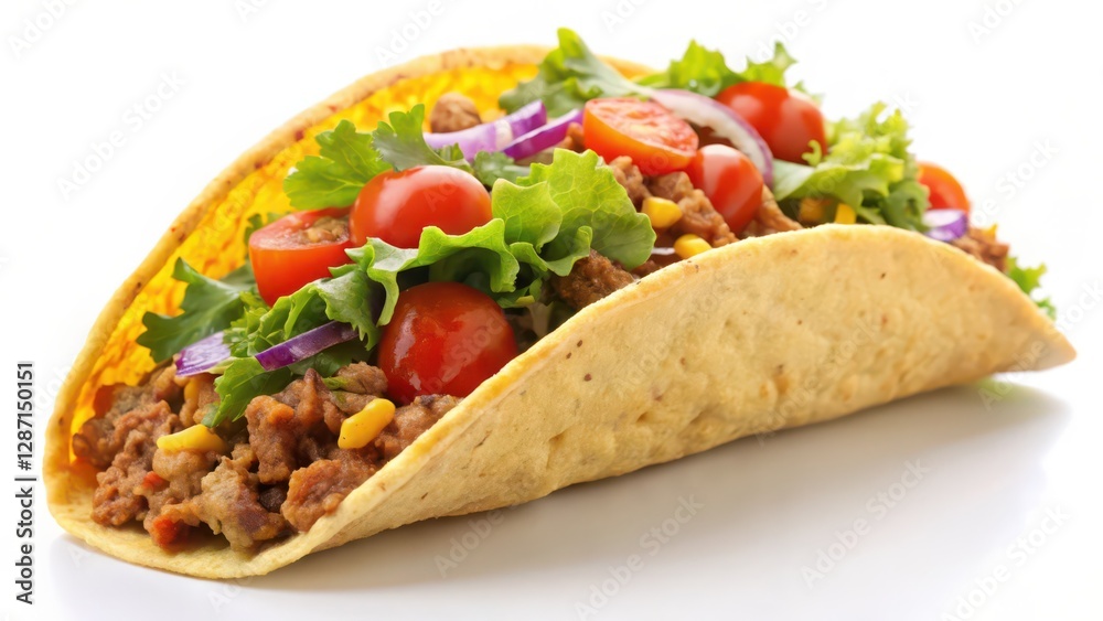 Taco with Ground Beef and Vegetables on White Background