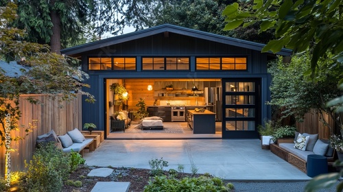 A garage conversion into a functional accessory dwelling unit, highlighting a renovated living space