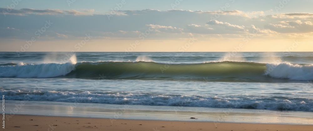 Obraz premium Calm Morning Surf on a Beach with Gentle Waves and Tranquil Sky Ideal for Text Overlay and Relaxing Seaside Imagery