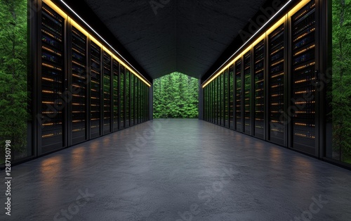 Modern data center with green forest background.