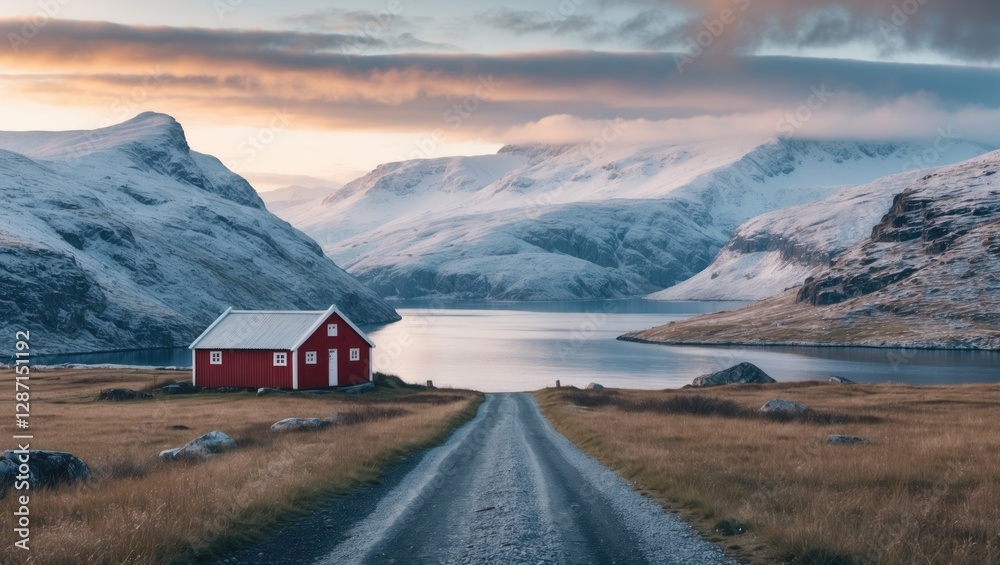 Serene Norwegian Landscape with Snow-Capped Mountains and Tranquil Waterway Perfect for Text Overlay Serene Norwegian Landscape with Snow-Capped Mountains and Tranquil Waterway Perfect for Text Overlay