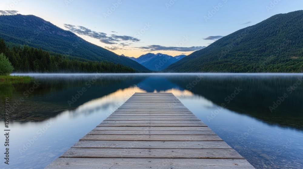 A wooden dock extends into a tranquil lake surrounded by mountains at dawn. A wooden dock extends into a tranquil lake surrounded by mountains at dawn.