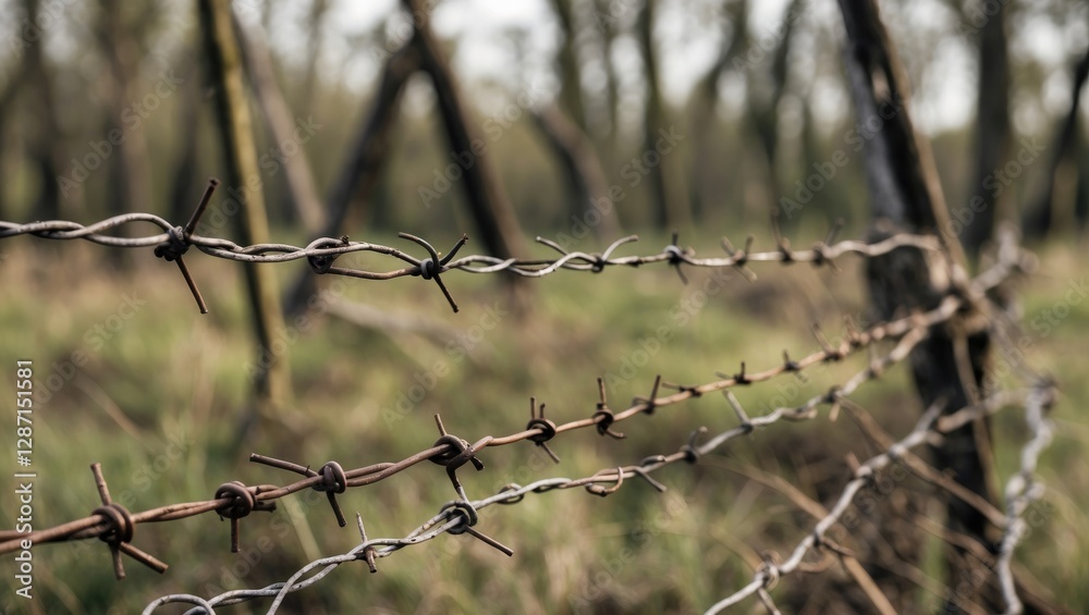 Rustic barbed wire fence in a serene woodland landscape highlighting nature and agricultural remnants in a rural setting. Rustic barbed wire fence in a serene woodland landscape highlighting nature and agricultural remnants in a rural setting.