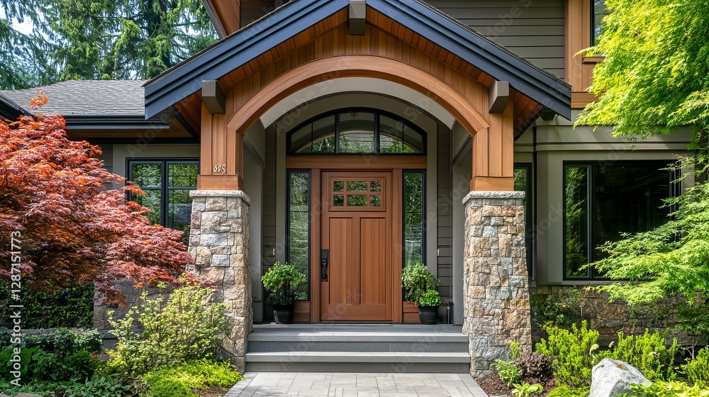A home exterior showcasing a front door as the main entrance, set within a welcoming architectural design A home exterior showcasing a front door as the main entrance, set within a welcoming architectural design