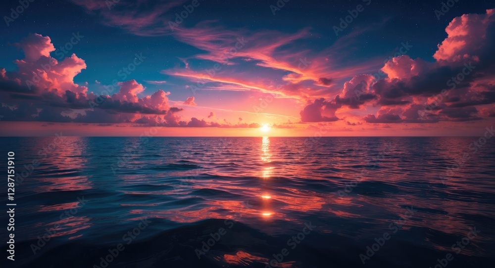 Fototapeta premium Vibrant sunset reflecting on calm ocean waters under a serene night sky with colorful clouds and gentle waves.