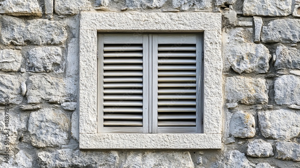 A Krepyak window, also known as a jalousie, set into a grey brick or batako wall. This window design consists of multiple horizontal slats arranged in a louvered fashion A Krepyak window, also known as a jalousie, set into a grey brick or batako wall. This window design consists of multiple horizontal slats arranged in a louvered fashion