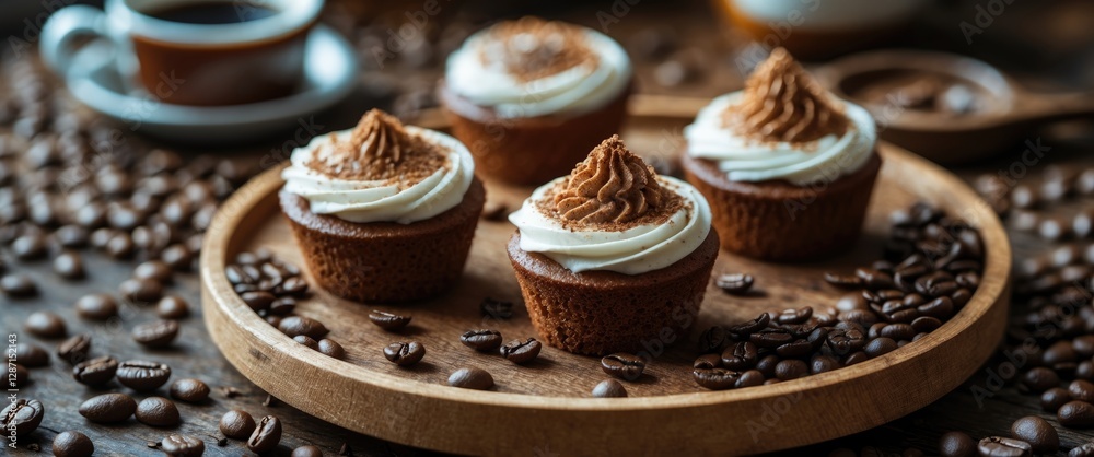 Mini coffee cup cakes beautifully arranged on a wooden tray surrounded by coffee beans with space for text or branding. Mini coffee cup cakes beautifully arranged on a wooden tray surrounded by coffee beans with space for text or branding.