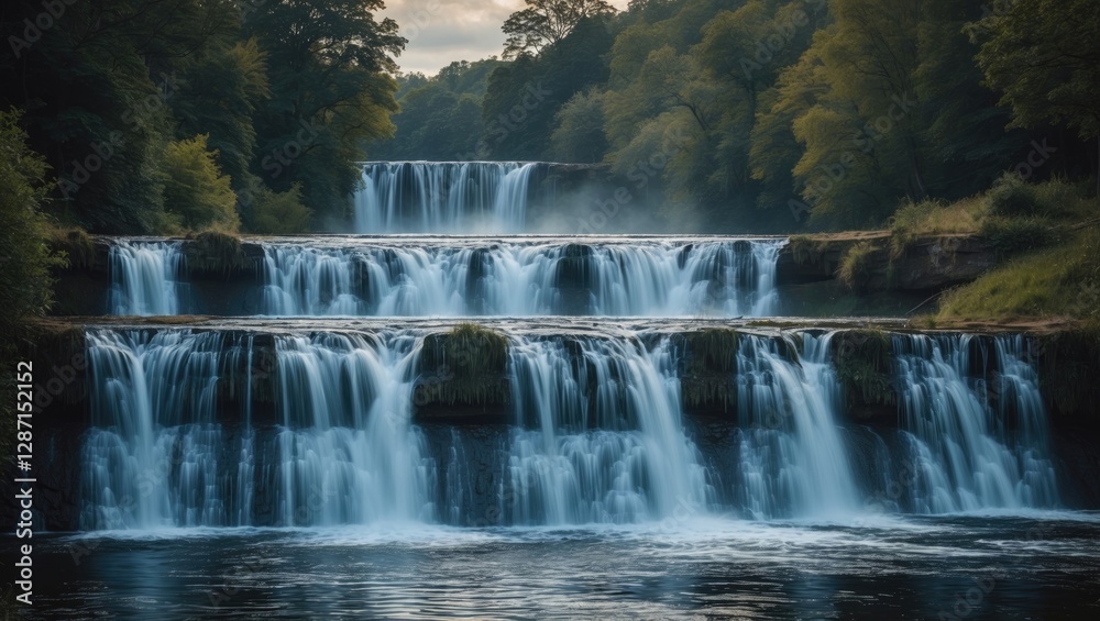 Obraz premium Serene Multi-Tiered Waterfall Landscape Surrounded By Lush Greenery Perfect For Nature Lovers With Space For Text Overlay