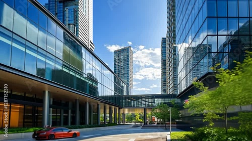 Modern Cityscape: Glass Buildings and Urban Plaza