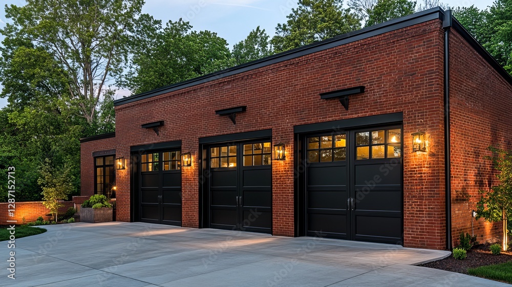 A red brick residential building with double black metal garage doors, each featuring two small glass panels. A lit fixture adorns the concrete driveway entrance A red brick residential building with double black metal garage doors, each featuring two small glass panels. A lit fixture adorns the concrete driveway entrance