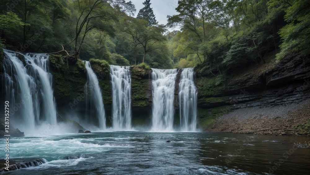 Fototapeta premium Serene Cascade of Waterfalls Surrounded by Lush Greenery in a Tranquil Natural Setting