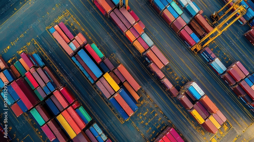 Drone shot of shipping containers in neat rows at a port, international freight management. Drone shot of shipping containers in neat rows at a port, international freight management.