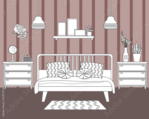 Linear sketch of the bedroom interior. Furniture items - bed with pillows and bedspread, bedside table with personal items. Flowers, shelf for photos. Modern design. Vector illustration