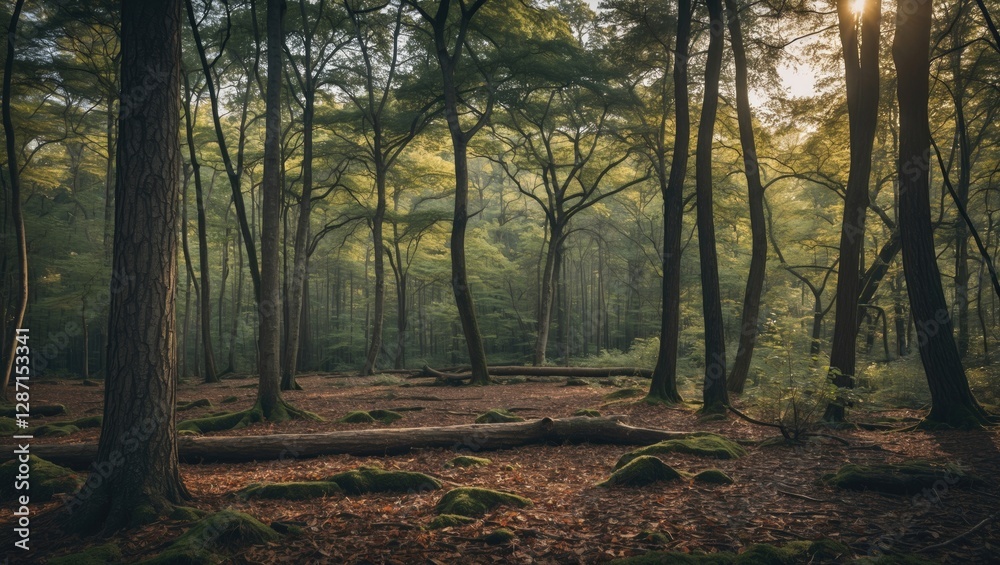 Naklejka premium Serene Forest Landscape with Lush Green Trees and Soft Light Ideal for Text Overlay or Nature-Focused Designs