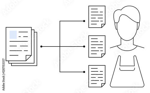 Stack of documents connected by lines to four individual sheets next to a person with an apron. Ideal for workflow organization, distribution, task delegation, project management, resource