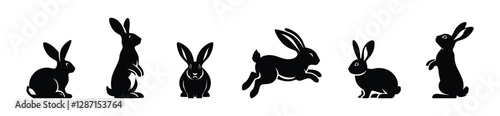 Rabbit silhouette vector illustration, easter bundle, fluffy bunnies in various poses, bunny sitting, standing, hopping. Icons isolated on transparent background.