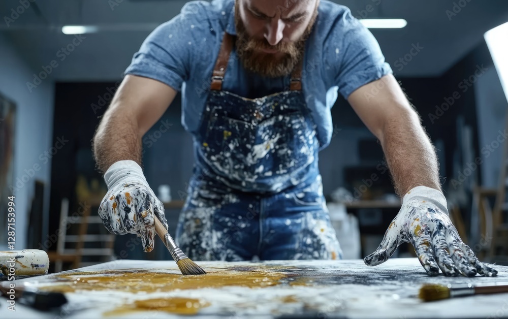 Fototapeta premium An artist is focused on his craft while mixing vibrant paint colors on a large canvas. He wears a paint-splattered apron and gloves, showing his dedication to his work in the studio