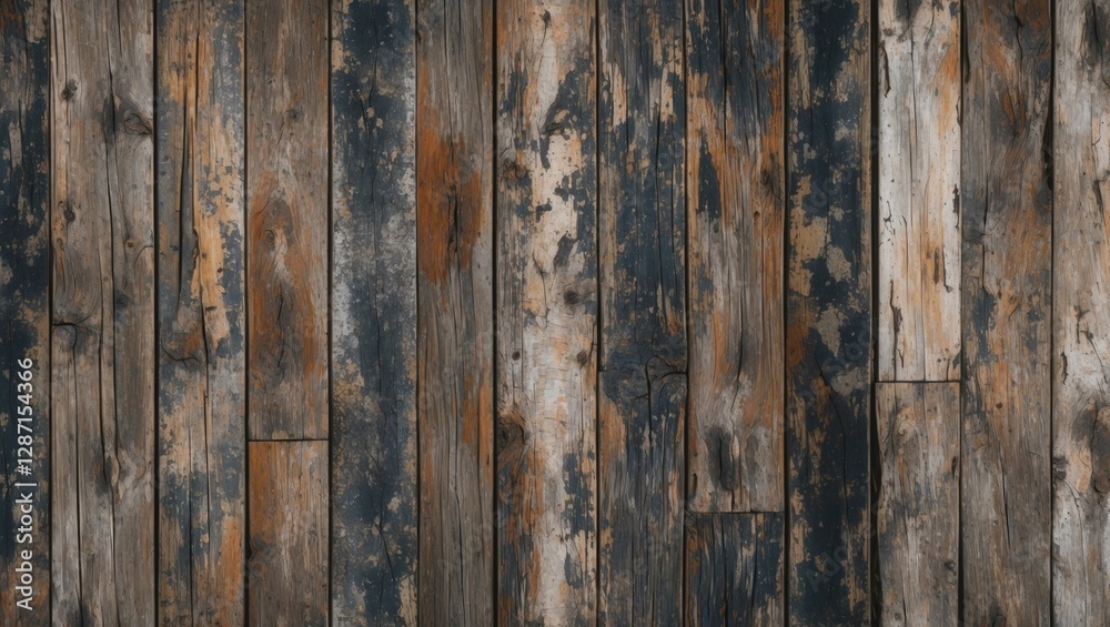 Naklejka premium Rustic weathered wooden texture with peeling paint and intricate patterns for use in design and artistic projects.