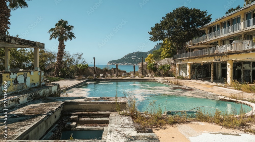 Overgrown Coastal Ruins: Turquoise Pool and Ocean View Overgrown Coastal Ruins: Turquoise Pool and Ocean View
