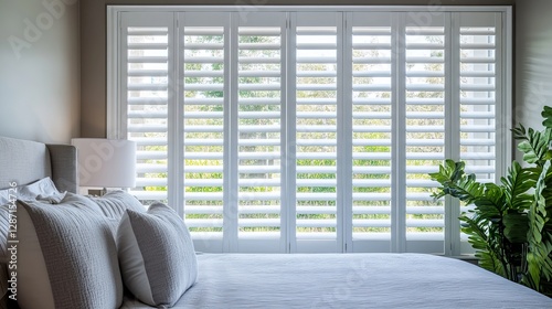 A set of luxury white plantation shutters installed indoors in a bedroom, captured with a selective focus for a refined aesthetic