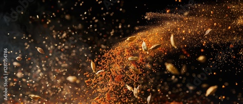 Fototapeta Naklejka Na Ścianę i Meble -  Dynamic spices in motion paprika powder cumin seeds flying high dark backdrop vivid color contrast cinematic detail.